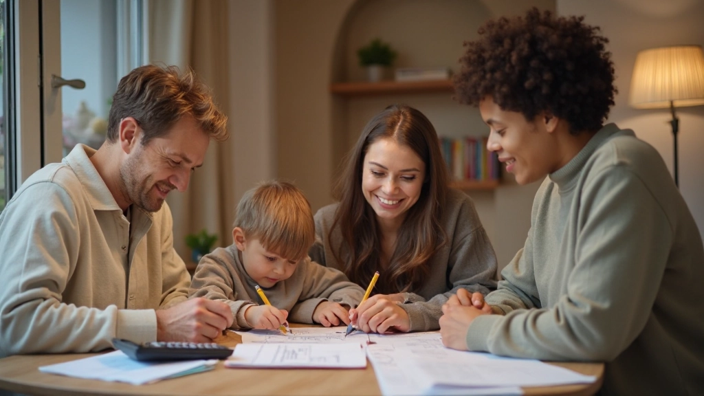 Семья, совместно планирующая семейный бюджет и финансовые цели в домашней обстановке