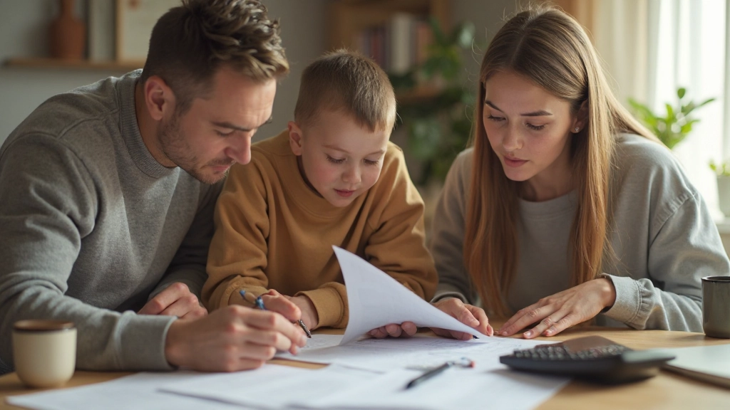 Семья, обсуждающая финансовые планы и инвестиционные цели за столом в домашнем офисе