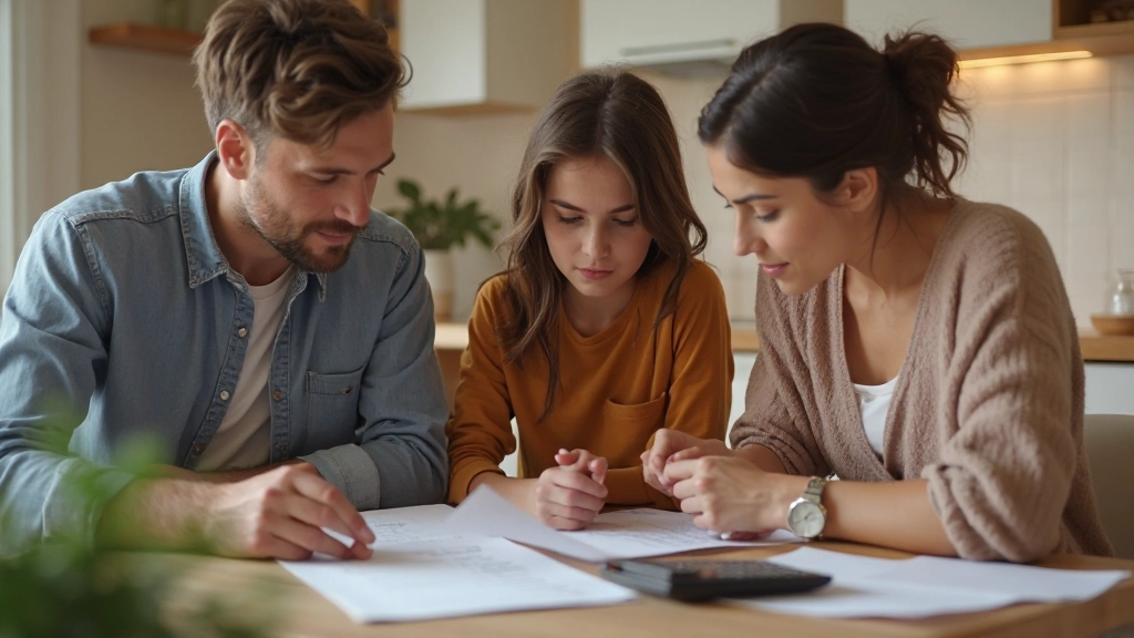 Семья обсуждает финансовые планы за столом с документами и калькулятором