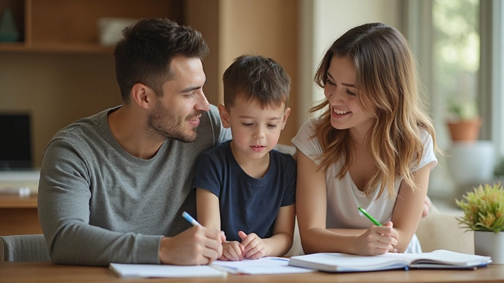 Семья вместе планирует семейный бюджет, используя мобильное приложение для управления финансами