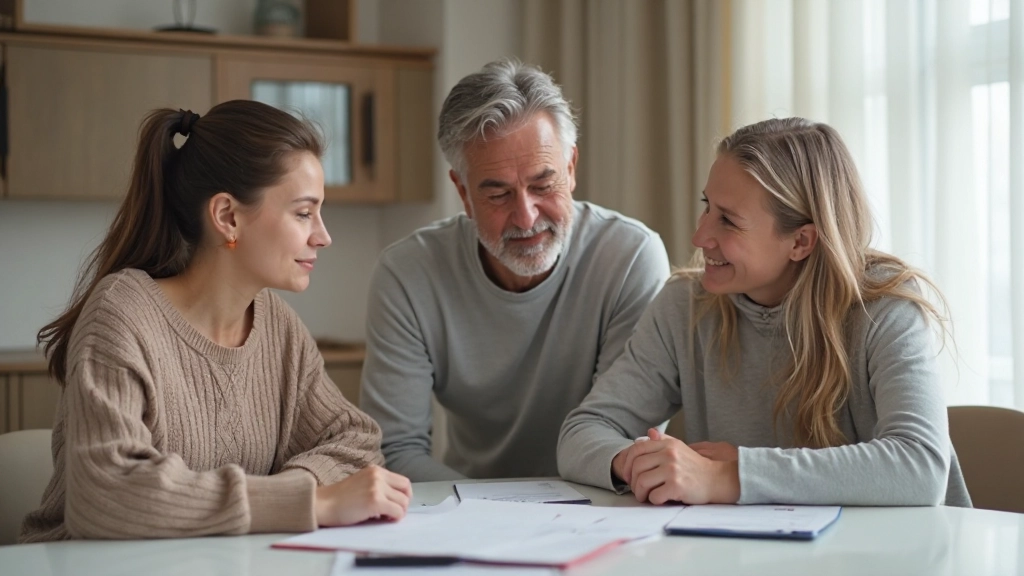 Семья проводит встречу за столом, обсуждая финансовые документы и решая проблемы вместе