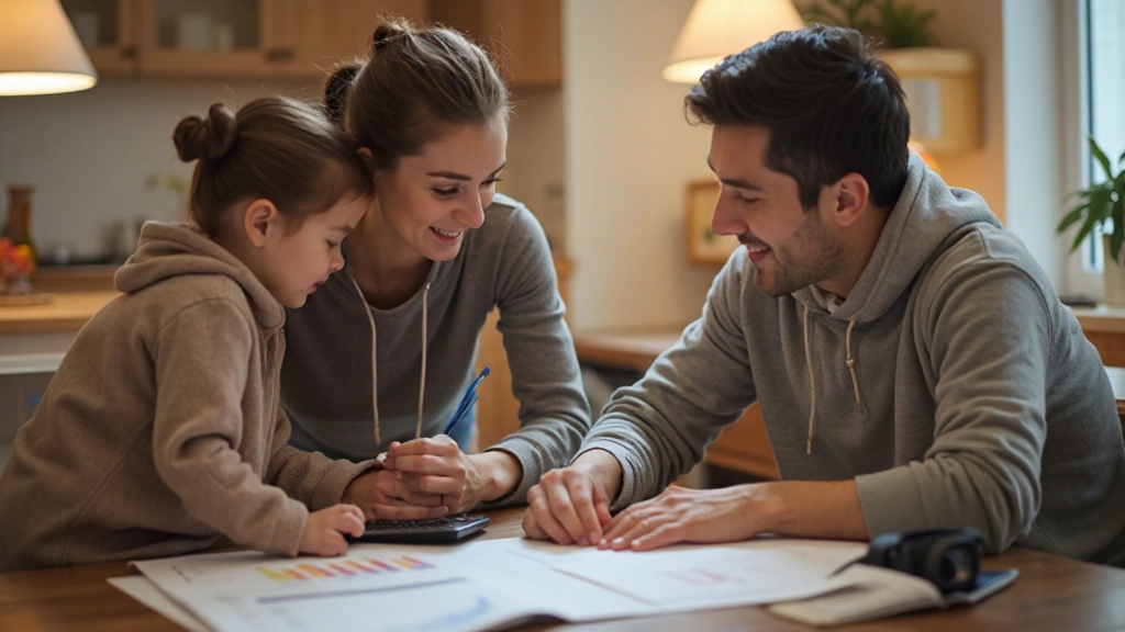 Семья сидит за столом и обсуждает финансовые планы