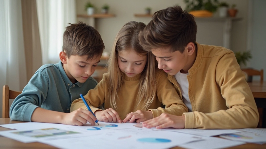 Родители и ребенок работают над финансовым планом с диаграммами в домашней обстановке