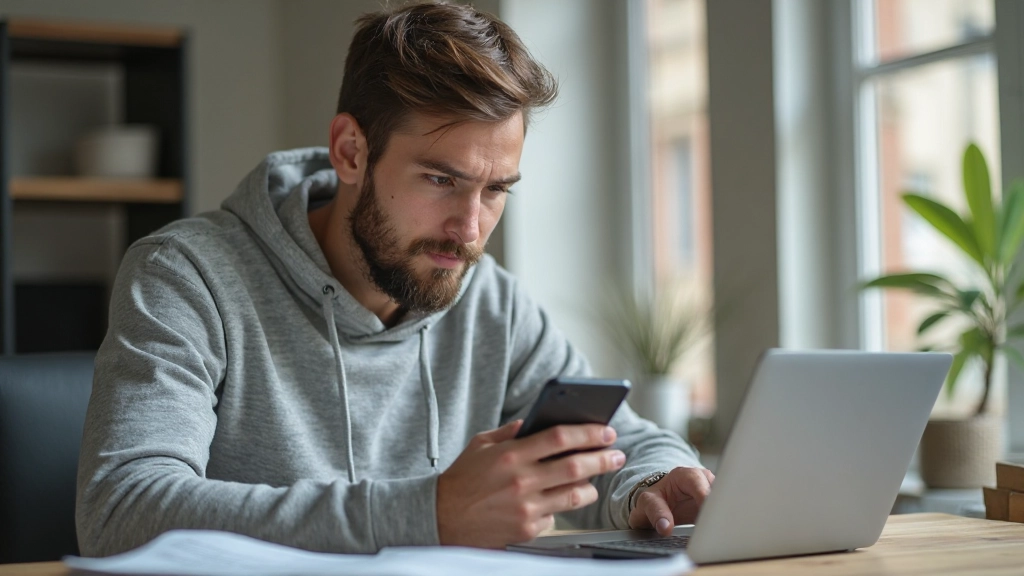 Молодой человек использует мобильное приложение для управления личными финансами