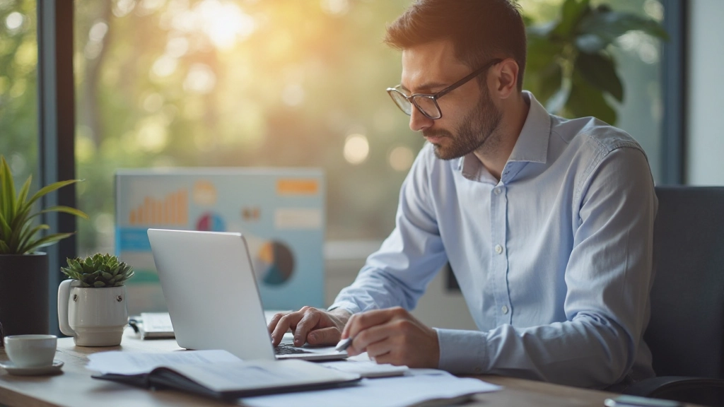 Фото молодого мужчины, анализирующего финансовые данные на графиках в офисной обстановке