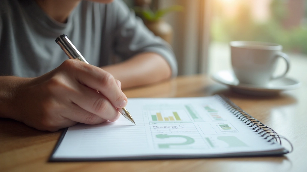 Фото руки, заполняющей бюджетный план в тетради с ручкой на столе с чашкой кофе