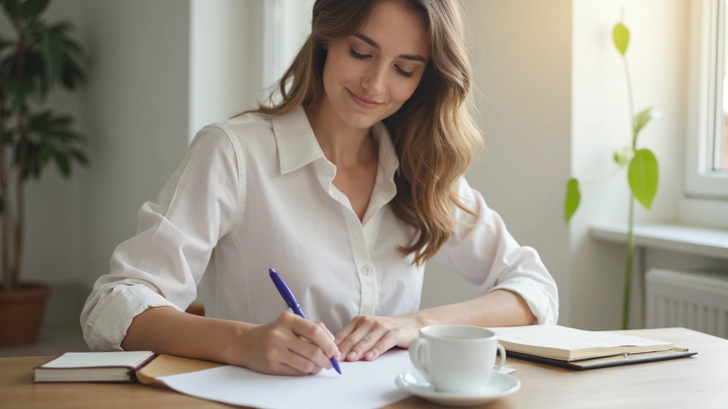 Молодая женщина ведет учет личных финансов в блокноте, сидя за столом с кофе