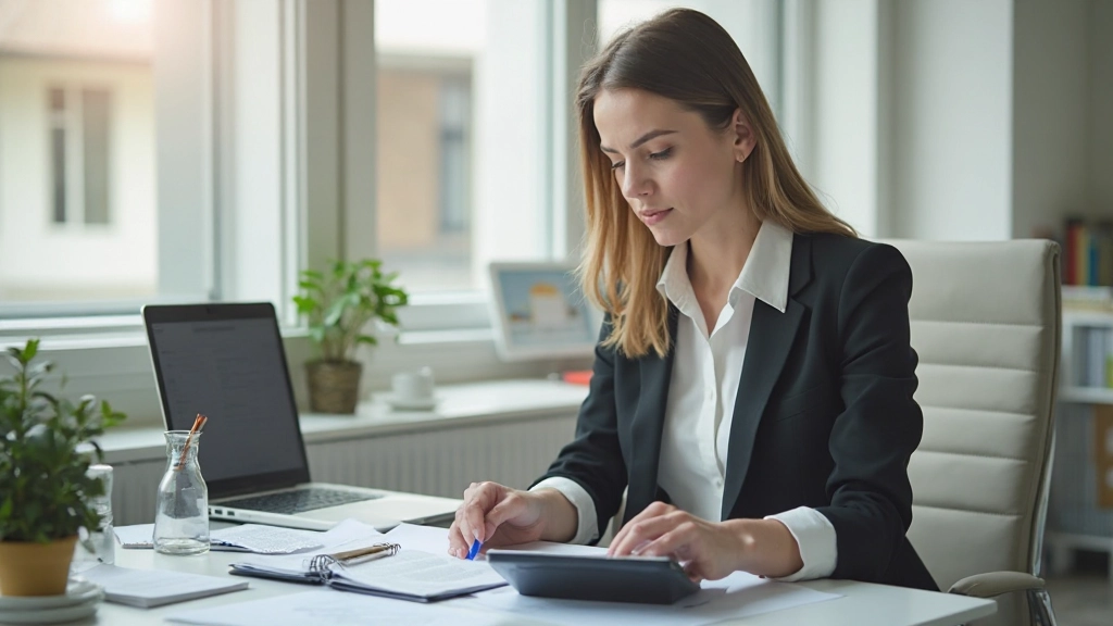 Профессиональное фото женщины, работающей с финансовыми документами и калькулятором на рабочем столе