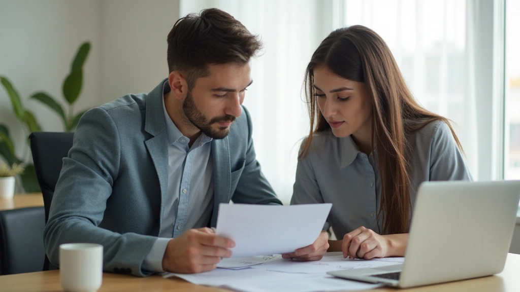 Пара молодых людей обсуждает финансовый план в современном офисе с документами и ноутбуком